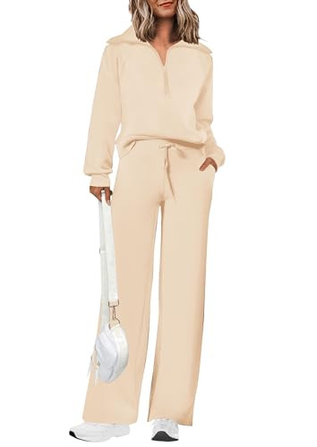 PRETTYGARDEN Women's Fall Two Piece Outfits Half Zip Sweatshirt Tops And Palazzo Pants Sweatsuit Sets (Beige,Small) | Amazon (US)