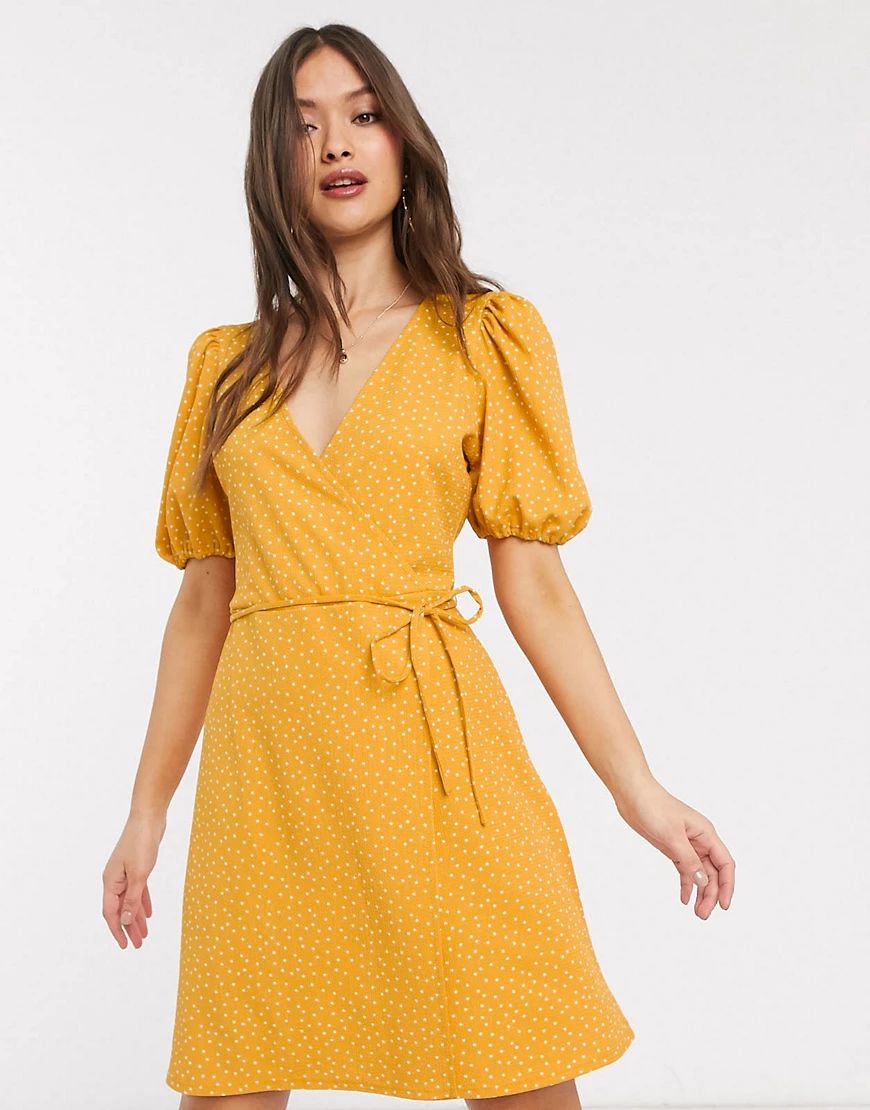 Mango volume sleeve wrap dress in yellow polka dot | ASOS (Global)