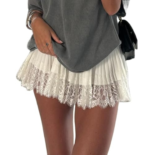 Women Lace Slip Skirt Ruffle Pleated Layered Y2k Flowy Skort with Built in Shorts | Amazon (US)