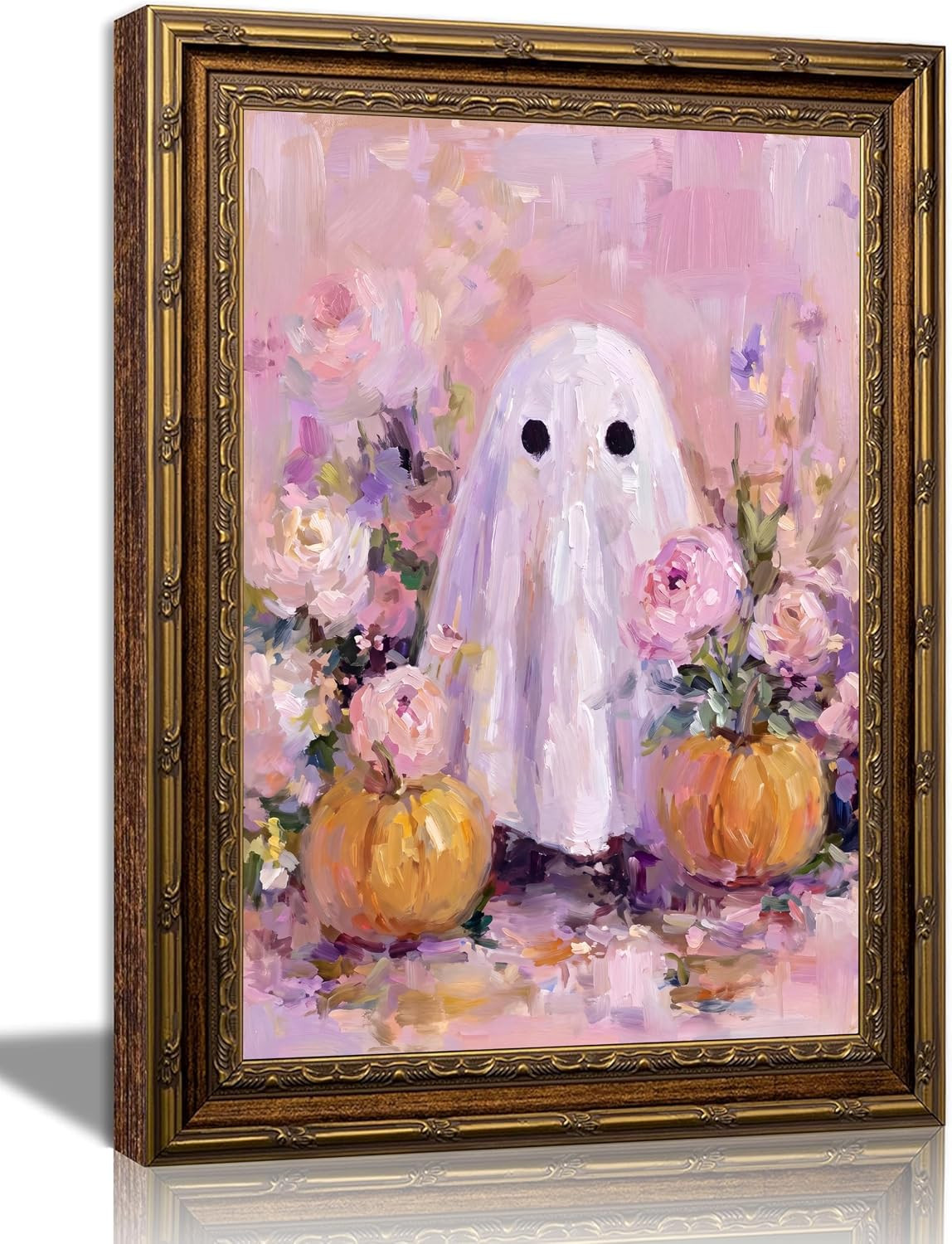Gold Framed Pink Ghost Canvas Wall Art, Soft Floral Pumpkin Halloween Decor | Amazon (US)