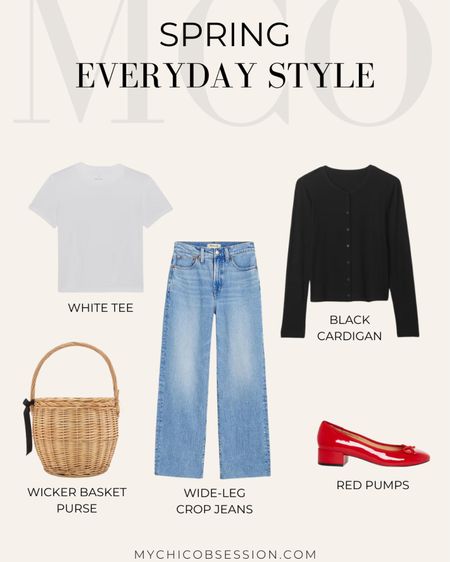 Style this spring outfit using your favorite cardigan. Button it with top button, and leave the rest open to show off your classic white tee. Add wide leg jeans, a wicker basket purse, and red pumps to finish the style.

#LTKstyletip #LTKSeasonal