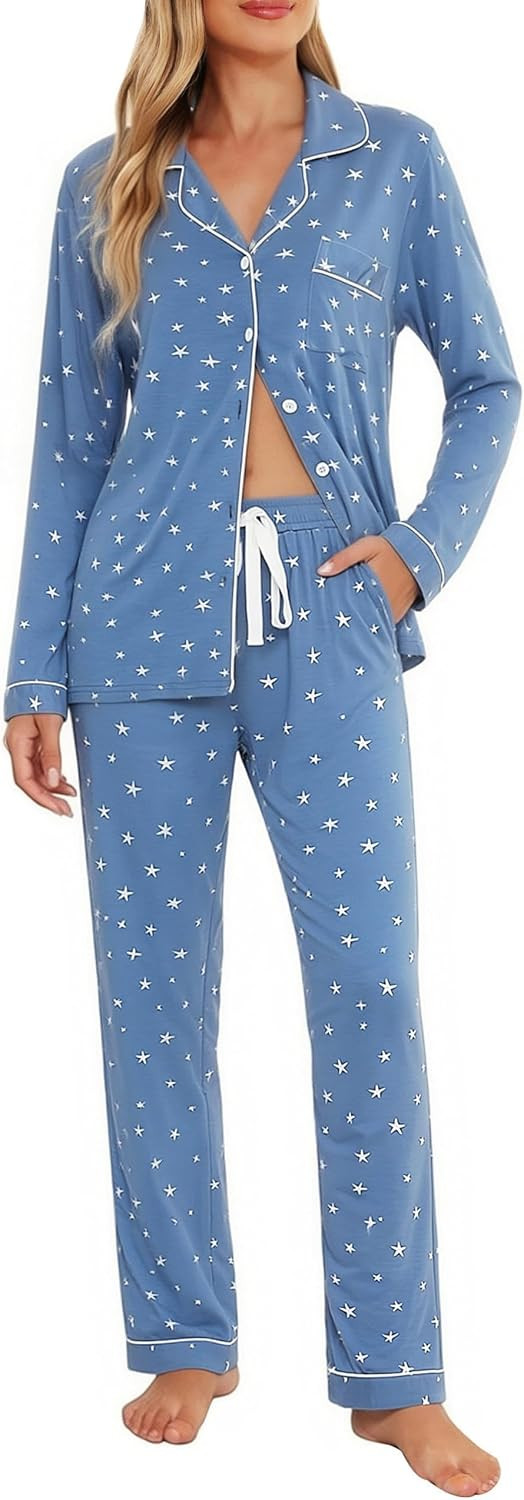 Pajamas Set For Women Long Sleeve Sleepwear with Pocket Soft Button Down Shirt Long Pants Pj Lounge Sets S-XXL | Amazon (US)