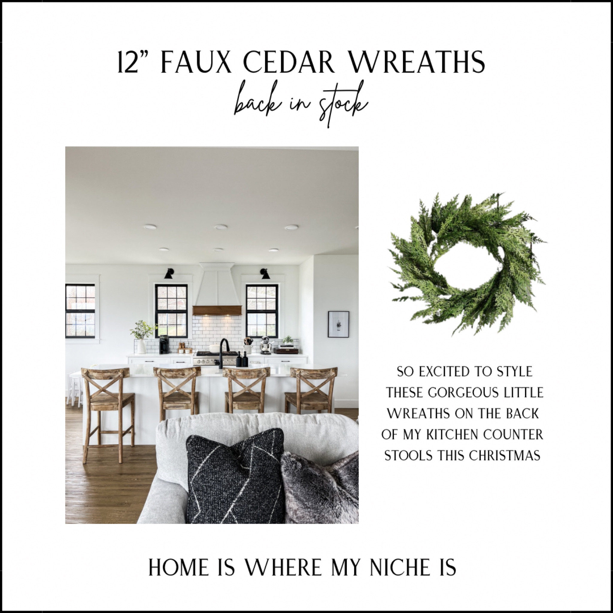 X M A S / these popular 12” faux cedar wreaths are back in stock! I’m so excited to style them on the back of my kitchen counter stools this Christmas 

#LTKSeasonal #LTKHoliday #LTKhome