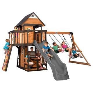 Canyon Creek Outdoor Kid's Playground Set w/ Rockwall, Upper Fort, Swing Set, Gray Wave Slide, and PlaySet Kitchen | The Home Depot