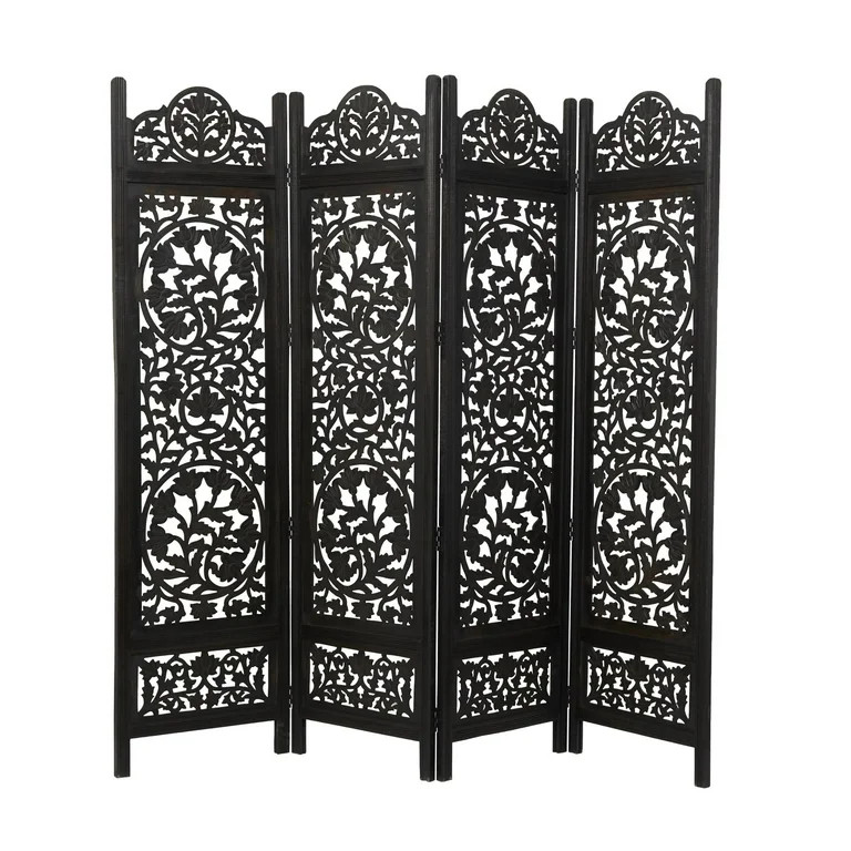 DecMode 80" x 72" Black Wood Floral Handmade Foldable Partition Carved 4 Panel Room Divider Scree... | Walmart (US)