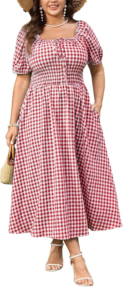 SCOMCHIC Women's Plus Size Maxi Dress Square Neck Plaid Short Sleeve Tie Front Gingham Casual Sum... | Amazon (US)