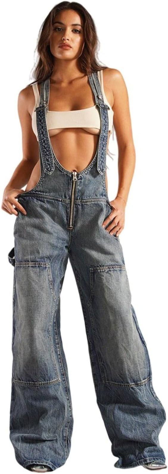 Women's Sexy Denim Bib Overalls Adjustable Strap Jumpsuit for Curvy Women Wide Leg Low Cut Jean O... | Amazon (US)