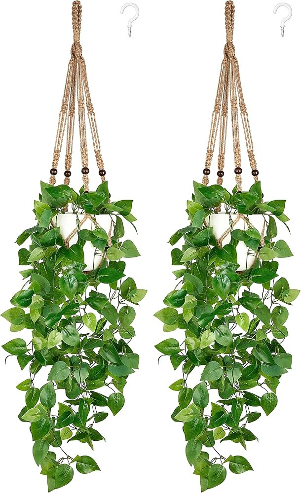 Mkono 2 Packs Fake Hanging Plant with Pot, Artificial Plants for Home Decor Indoor Macrame Plant ... | Amazon (US)