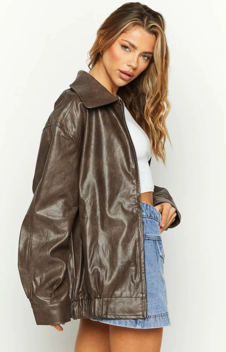 Abbi PU Vintage Brown Bomber Jacket | Beginning Boutique (AU)