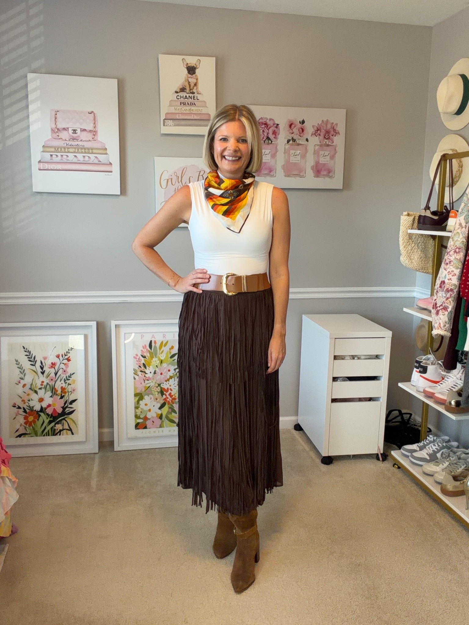 Dark brown suede fringe midi skirt TTs (wearing large)
Mock neck bodysuit TTS (M)


#LTKMidsize #LTKOver40