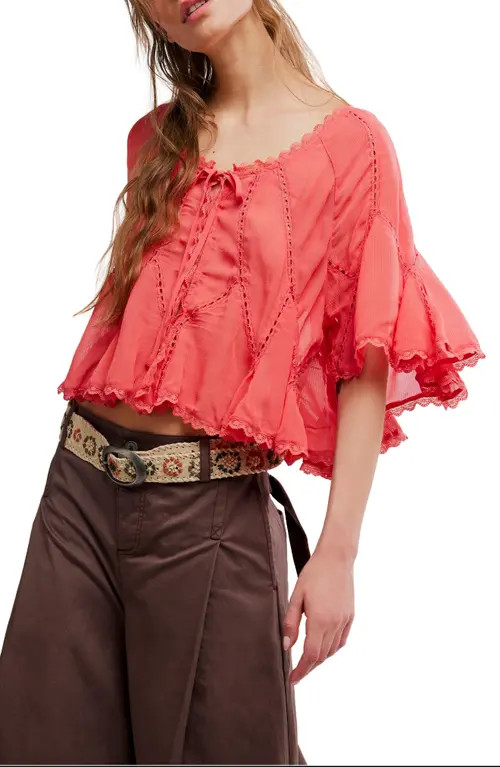 Free People Michelle Lace Trim Top in Aged Coral at Nordstrom, Size X-Large | Nordstrom