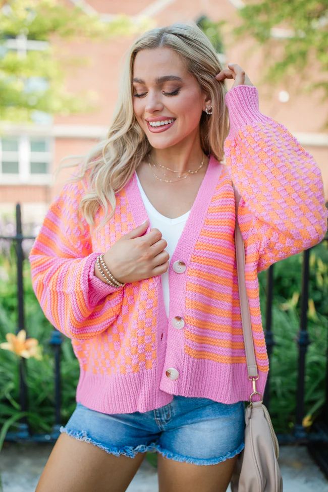 Time To Waste Pink And Orange Checkered And Striped Cardigan SALE | Pink Lily