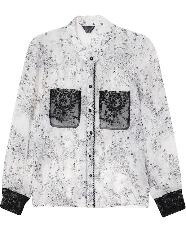 Womens Button Down Shirts Relaxed Fit Lace Sheer Tops Long Sleeve Boho Floral Print Blouses | Amazon (US)