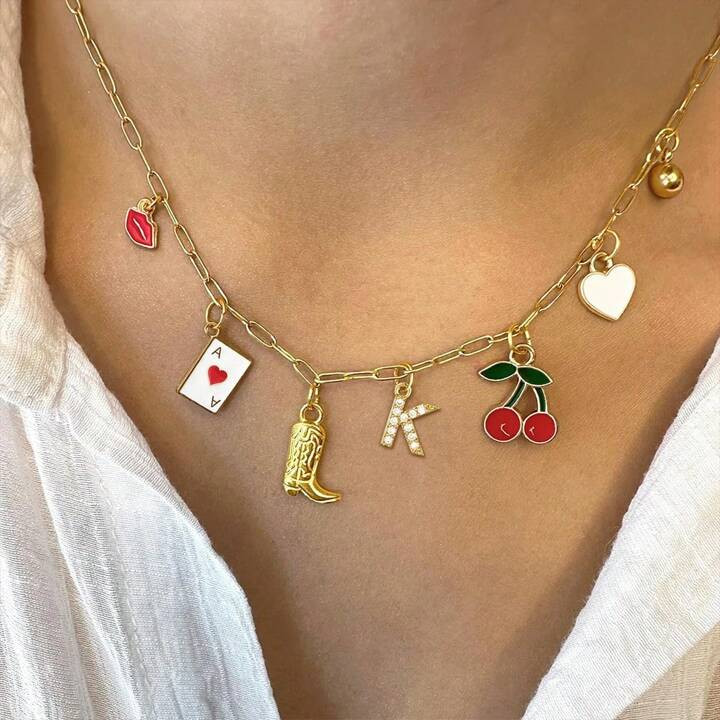 1pc Fashionable Stainless Steel Gold Boots & Cherry Poker Alphabet 26 Pendant Necklace For Women | SHEIN