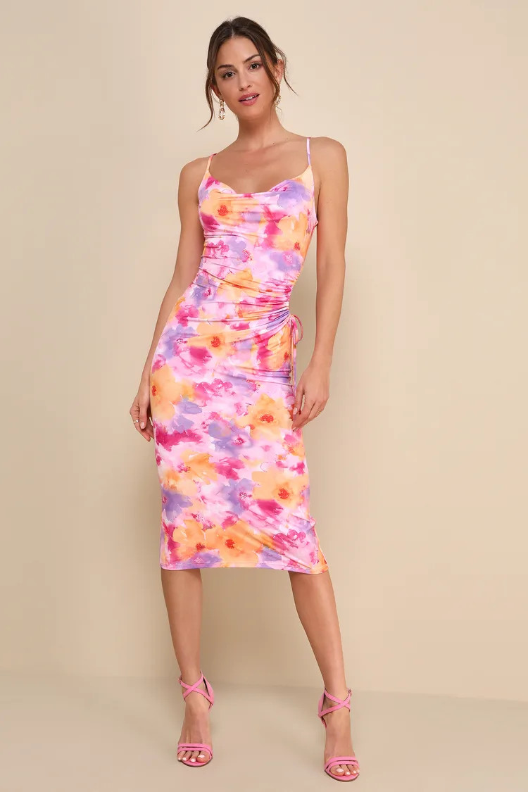 Vibrant Babe Pink Multi Floral Cutout Drawstring Midi Dress | Lulus