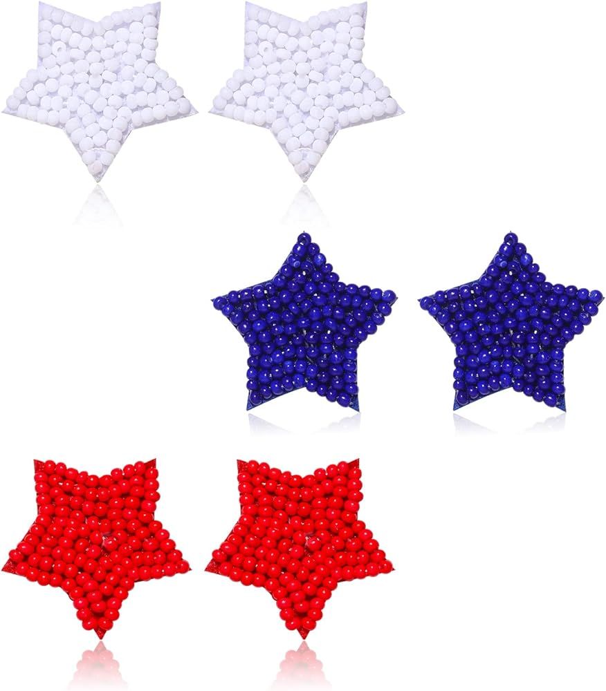 3 Pairs American Flag Stud Earrings for Women Patriotic Red White Blue Stars Beaded Earrings 4th ... | Amazon (US)