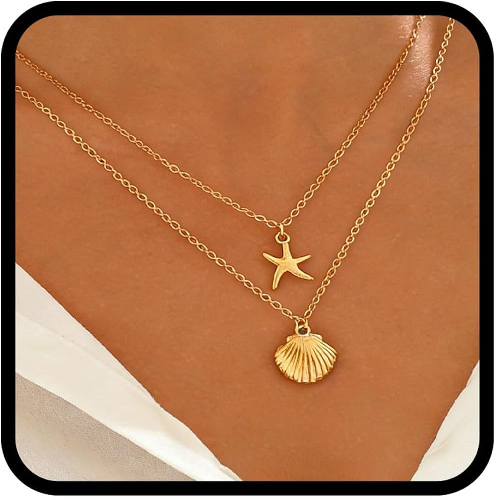 Yalice Layered Shell Necklace Chain Boho Starfish Pendant Necklaces Beach Charm Jewelry for Women... | Amazon (US)