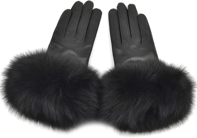 Women Genuine Lambskin Leather Winter Lined Gloves with Fox Fur Trim | Amazon (US)