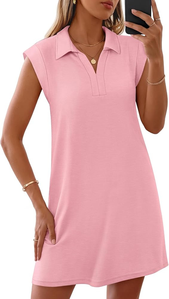 MEROKEETY Women's 2026 Summer Short Sleeve Mini Dress Casual Collared V Neck Loose T Shirt Dresse... | Amazon (US)