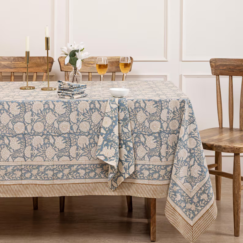 Handcrafted Dusty Blue Block Printed Tablecloth - Ideal for Dining, Rustic Wedding, Party and Eve... | Etsy (US)