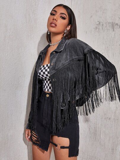 Button Front Fringe Trim Denim Jacket | SHEIN