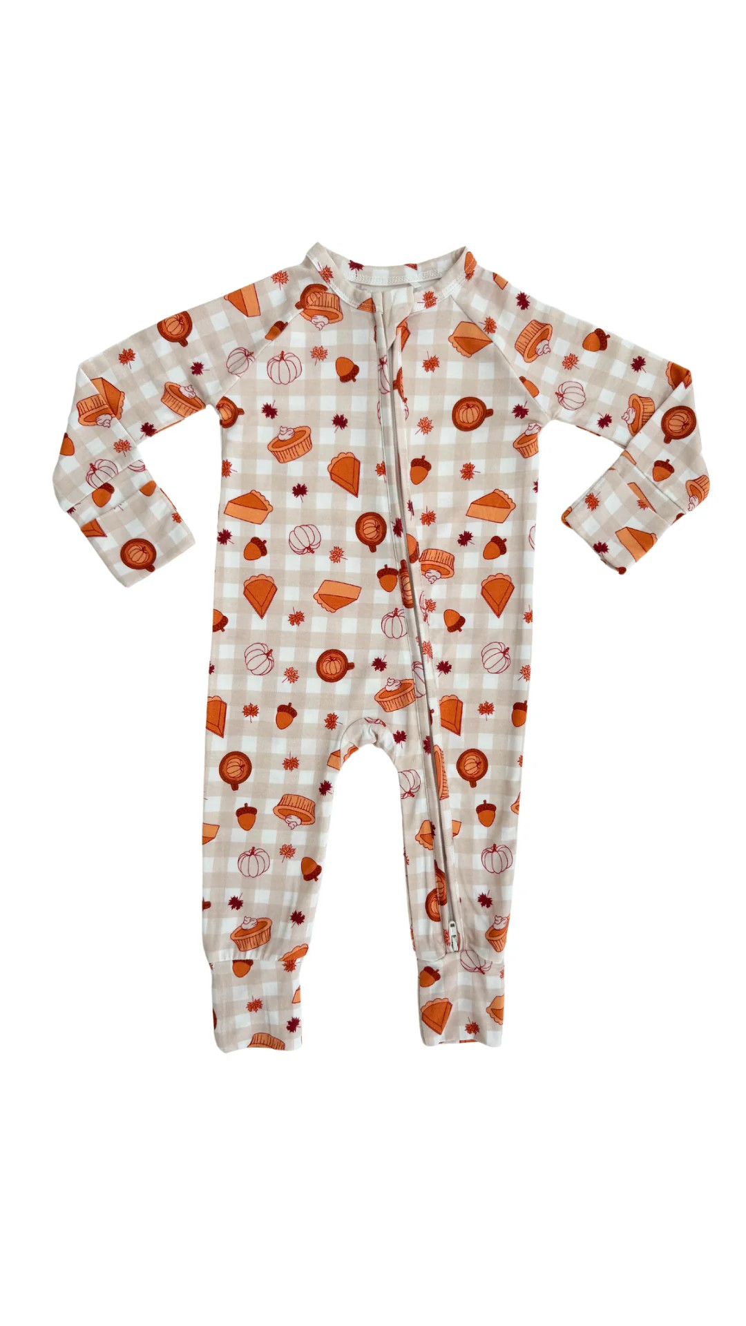 Tan Gingham Pumpkin Pie Zipper Romper | In My Jammers