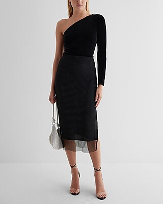 Super High Waisted Rhinestone Mesh Midi Pencil Skirt | Express