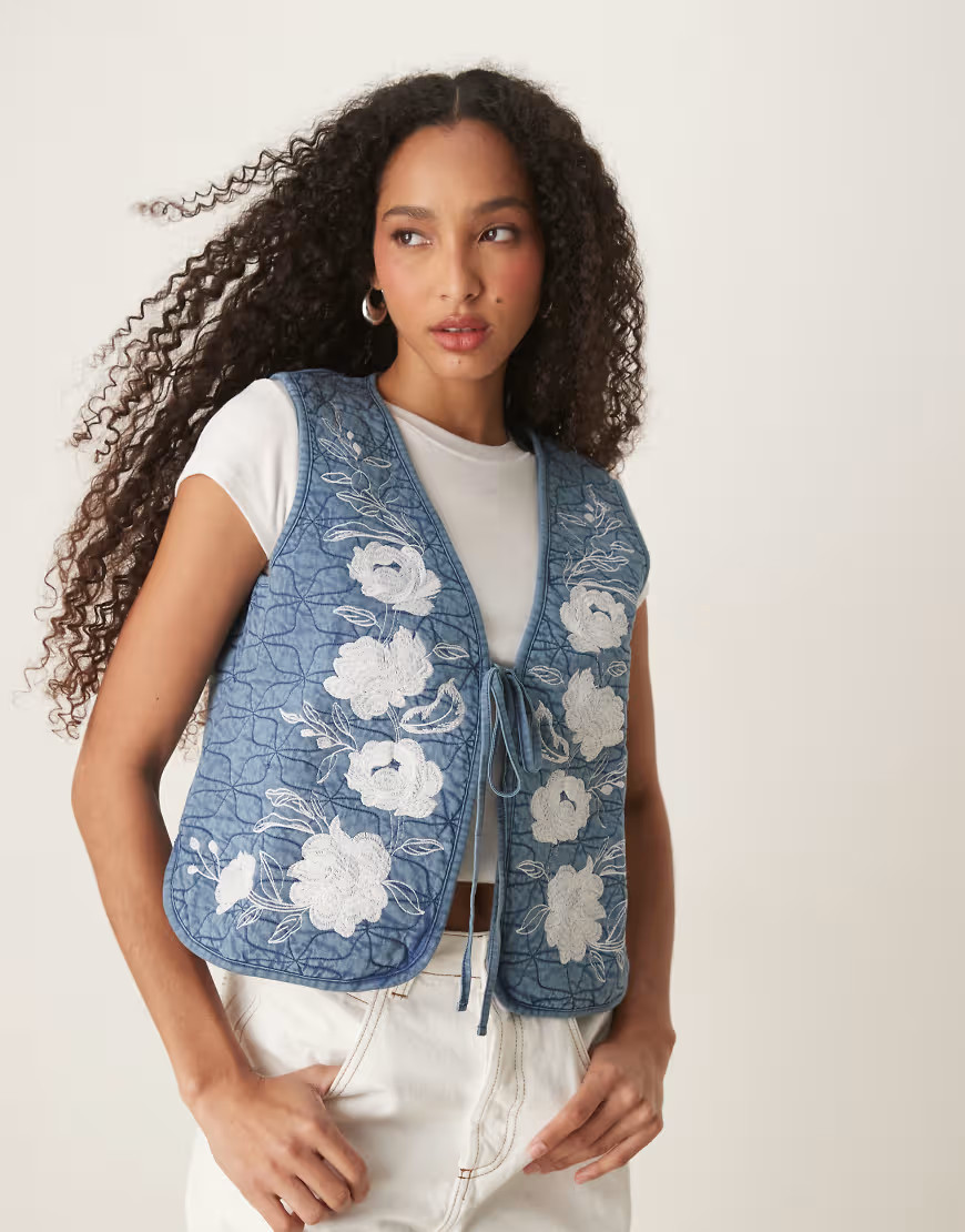 ASOS DESIGN quilted waistcoat with embroidery in washed blue-Multi | ASOS (Global)