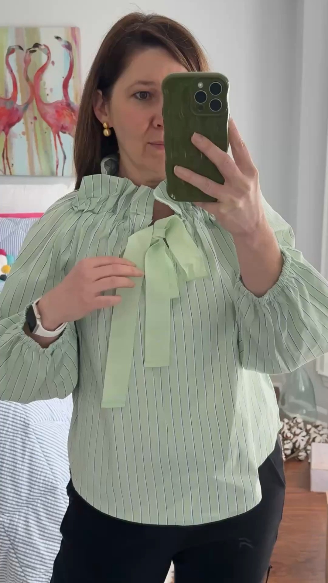 Looking for a green spring top?! Love the detail on this one and it comes in blue too.

ALWAYSAGNES wearing a small - tts.

#LTKOver40 #LTKspring #LTKootd