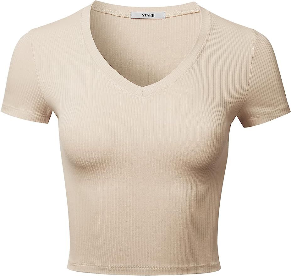 STARJJ Womens Basic Slim Fit Short Sleeve V-Neck & Crewneck Ribbed Knit Crop Top T-Shirts | Amazon (US)