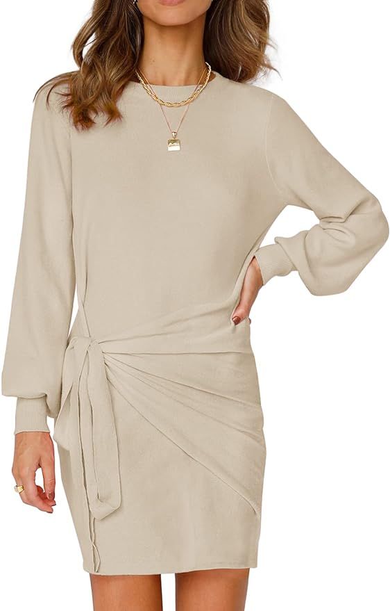 MEROKEETY Women's Puff Sleeve Tie Waist Sweater Dress Solid Color Soft Knitted Bodycon Mini Dress | Amazon (US)