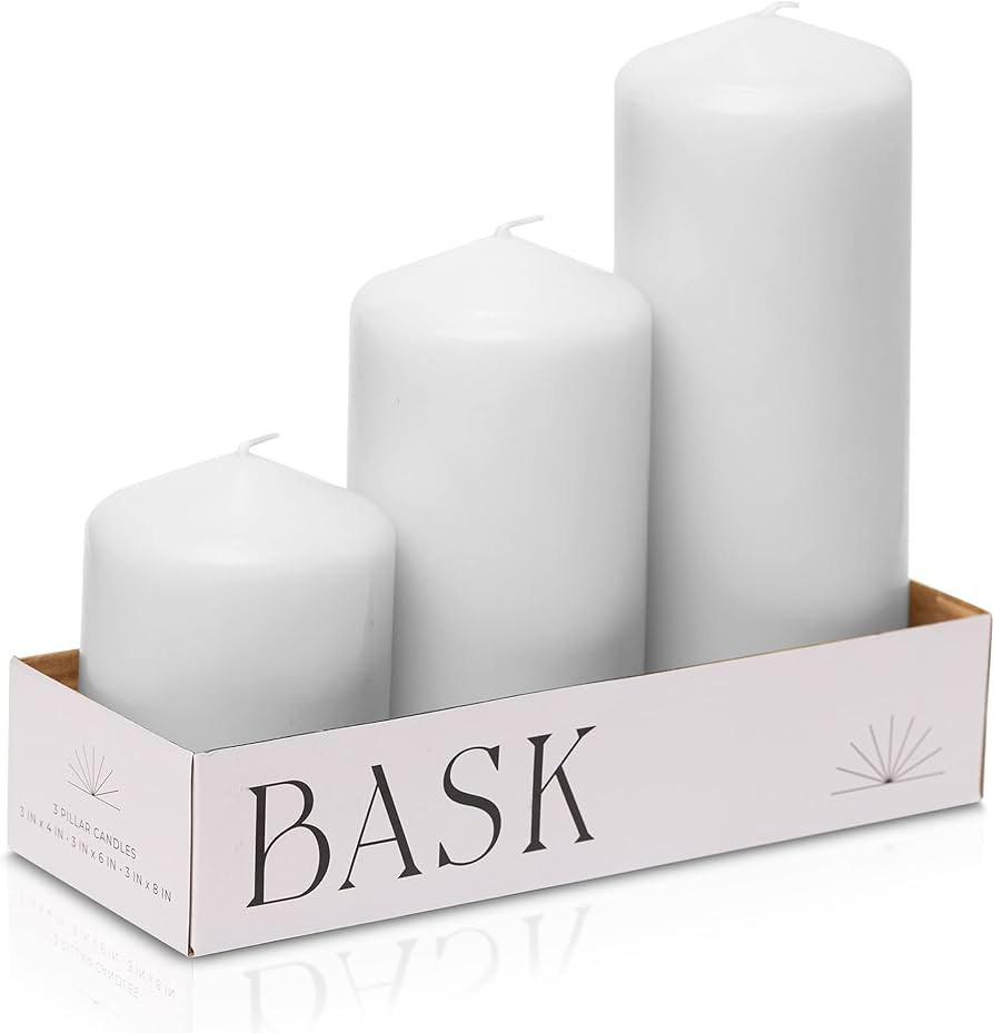 Cone Top Pillar Candles by Bask - Set of 3-3" x 4", 6", and 8" Dripless Unscented Candles in Whit... | Amazon (US)