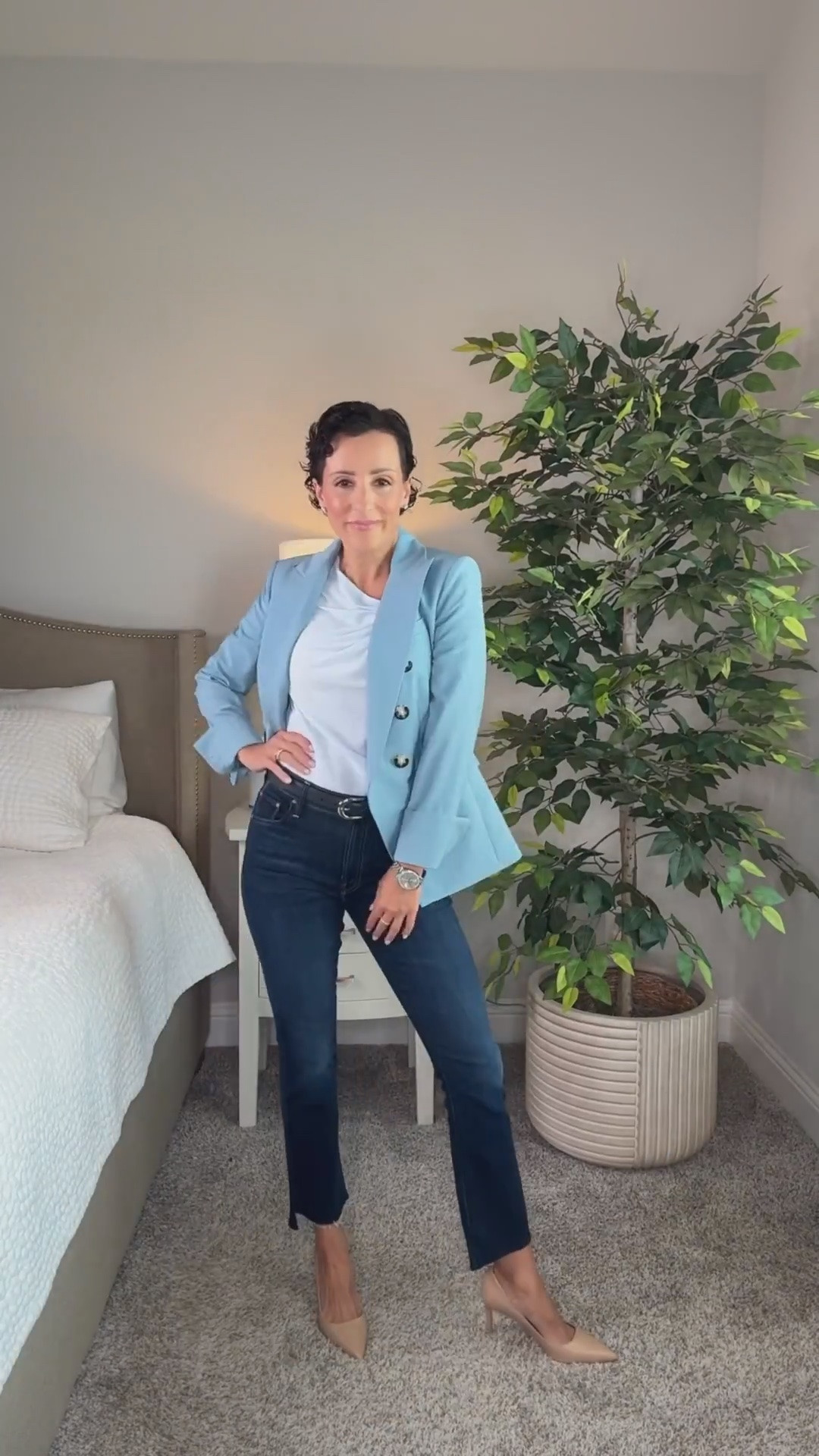 I like an outfit to have one piece that gives it direction, and here it’s the blazer. The denim keeps everything relaxed, while the pointed heel gives the look a sharper, more refined finish.

One styling rule I use often is balance. If I’m wearing denim on the bottom, I like to add something more structured on top so the outfit still feels intentional without feeling too dressed up.

The exact blazer I’m wearing is sold out, so I linked a similar option with the same tailored feel.

blue blazer, tailored blazer, cropped flare jeans, denim mini skirt, pointed toe heels, fall outfit ideas, elevated casual style, denim styling, classic wardrobe, women over 50 style, everyday styling tips, Style with Eugenia

#LTKootd #LTKgrwm #LTKOver40