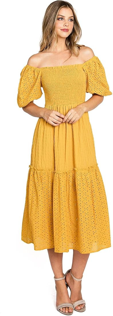 Flying Tomato Love Colette Women's Summer Smocked Eyelet Midi Sun Dress | Amazon (US)