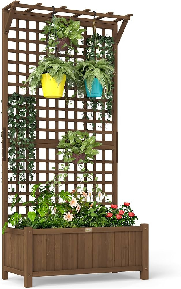 Outsunny Wood Planter with Trellis for Climbing Plants, Raised Bed, Planter Box with Drainage Hol... | Amazon (UK)