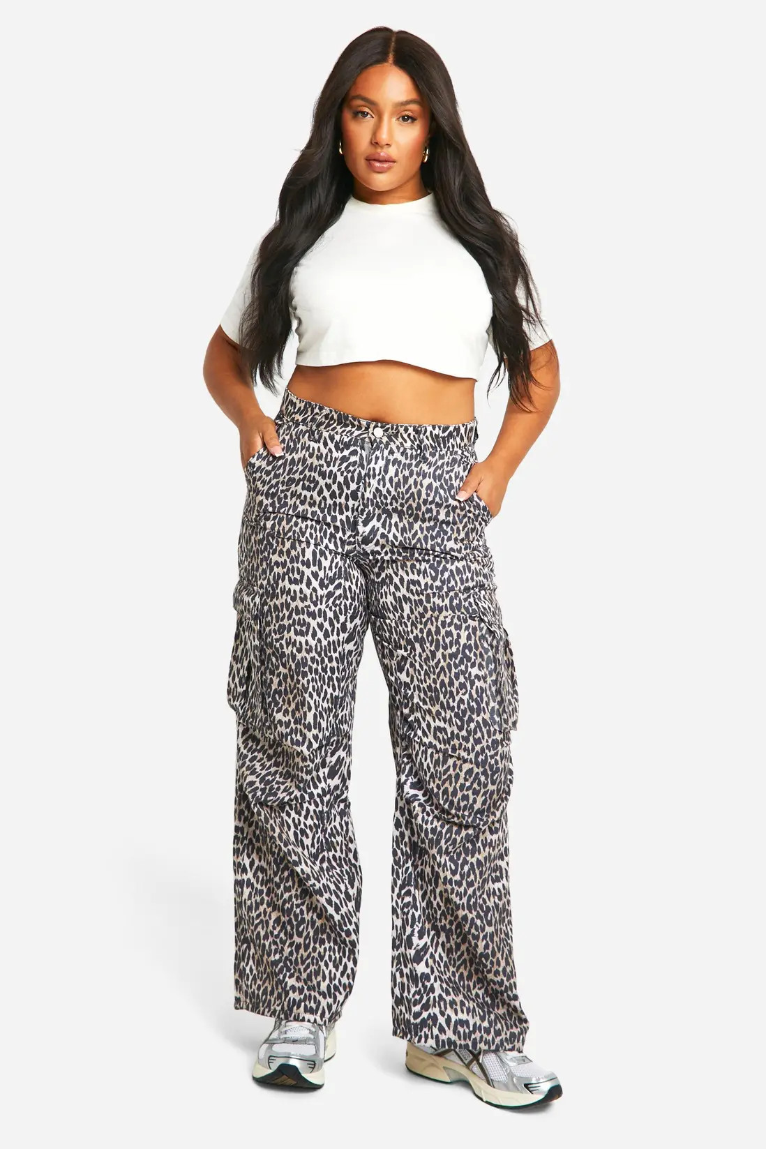 boohoo Plus Washed Leopard Cargo Trouser | PrettyLittleThing USA | PrettyLittleThing US
