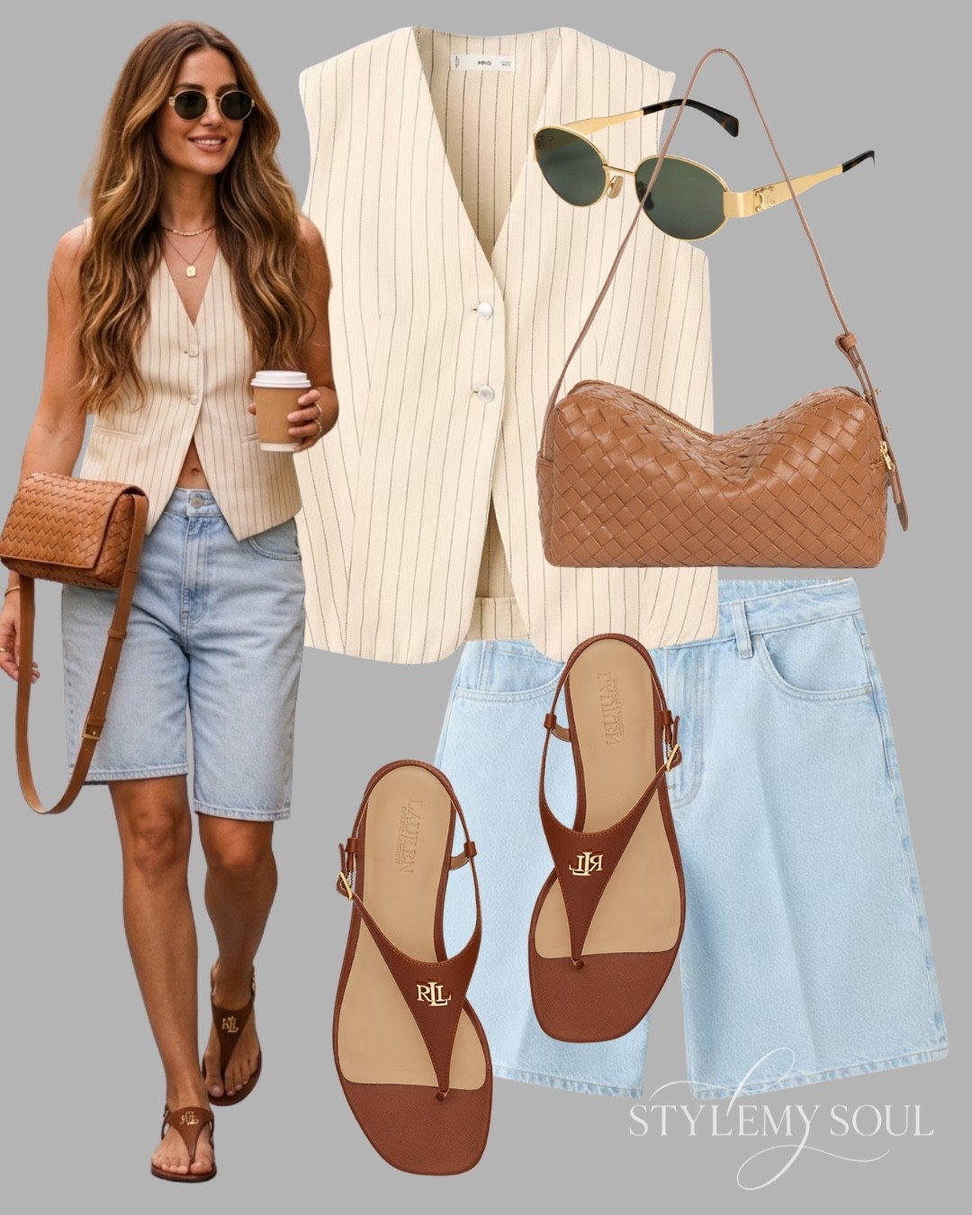 Vest, denim shorts, camel sandals, camel bag, woven bag, sunglasses