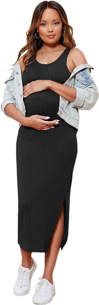 Romwe Women's Maternity Rib Knit Split Side Sleeveless Bodycon Tank Pencil Dress | Amazon (US)