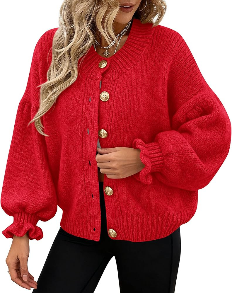 PRETTYGARDEN Womens Cropped Cardigans Trendy 2025 Ruffle Open Front Chunky Knit Sweater Oversized... | Amazon (US)