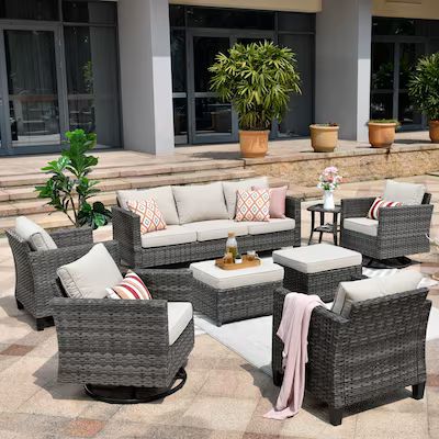 XIZZI Lullaby 8-Piece Rattan Patio Conversation Set with Off-white Cushions | Lowe's