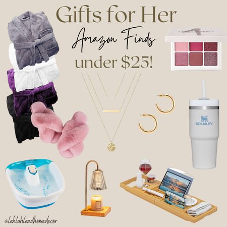 Holiday gifts for her under $25! candle | earrings | necklace | robe | slippers | stanley cup | makeup | foot massage | @amazon #amazonfinds #giftsunder25

#LTKGiftGuide #LTKCyberWeek #LTKfindsunder50