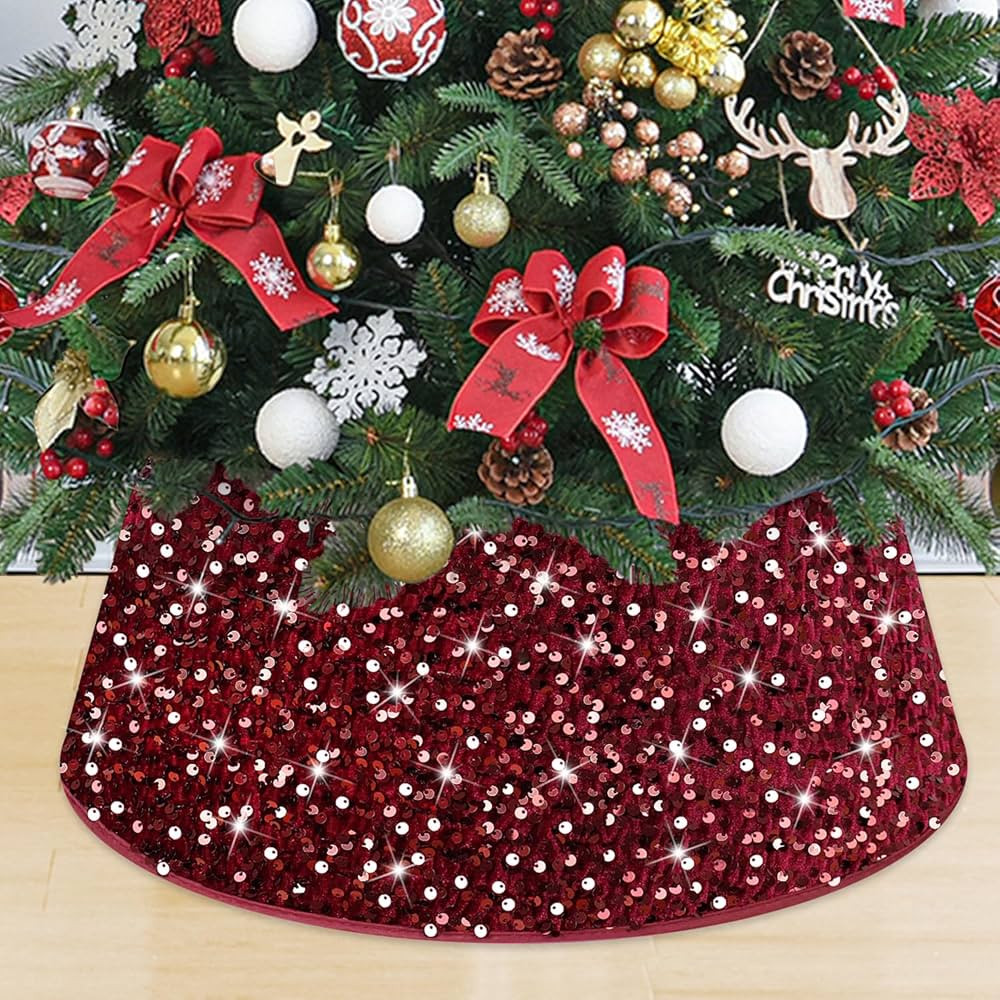 MODFUNS Christmas Tree Stand Base Sequins Christmas Tree Collar 24 Inch Burgundy Shimmer Velvet T... | Amazon (US)