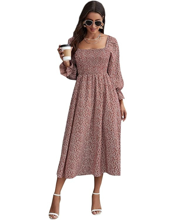 Floerns Women's Boho Square Neck Smocked Long Puff Sleeve A Line Maxi Dress | Amazon (US)