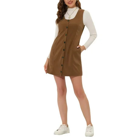 INSPIRE CHIC Women s Suspender Dress Scoop Neck Pinafore Overall Corduroy Casual Dress XS Brown | Walmart (US)