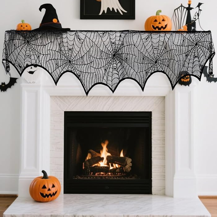Halloween Mantle Scarf Fireplace Cover 18 x 96 inch Black Lace Cobweb Fireplace Mantle Scarf Cove... | Amazon (US)