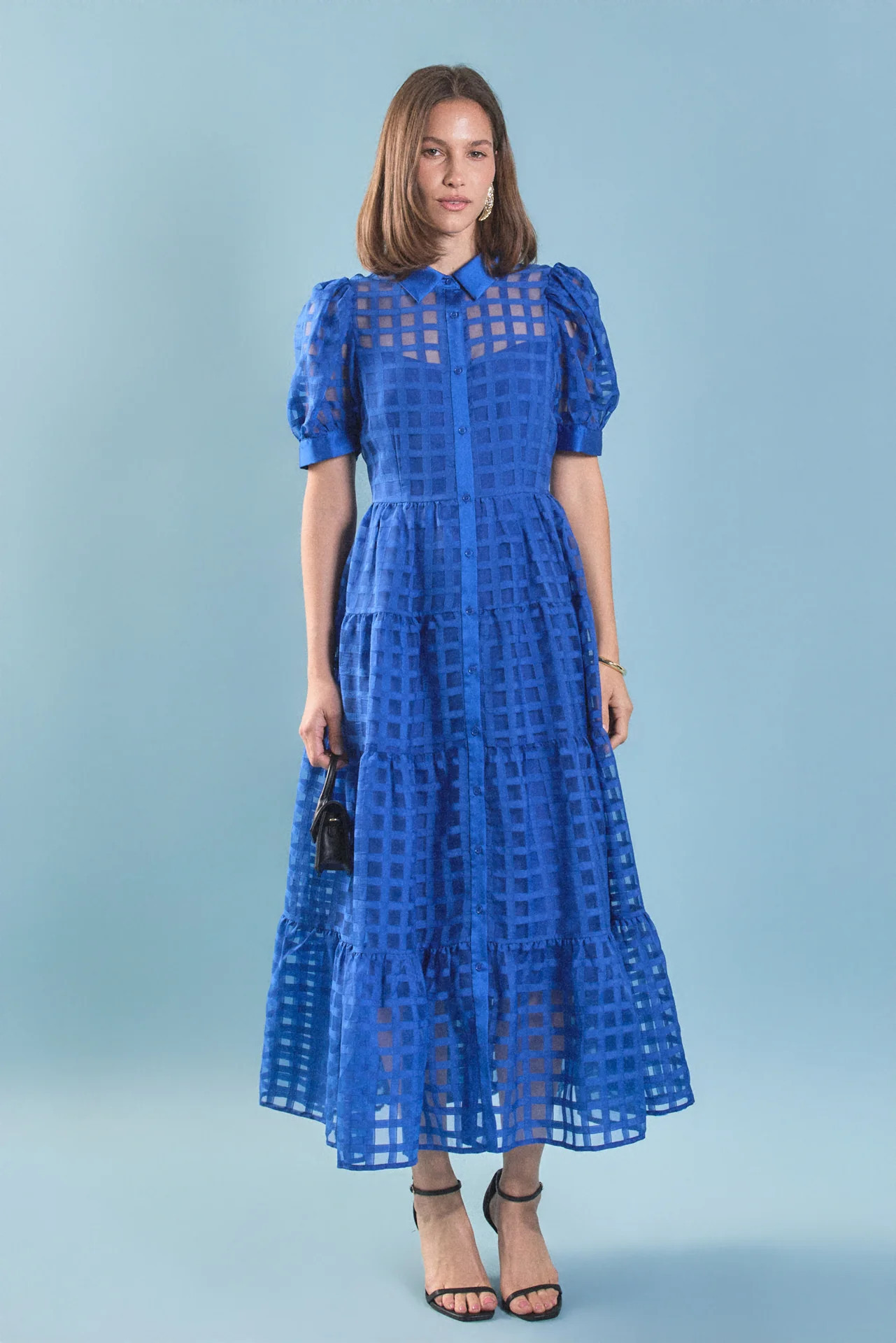 Gridded Organza Tiered Maxi Dress | English Factory