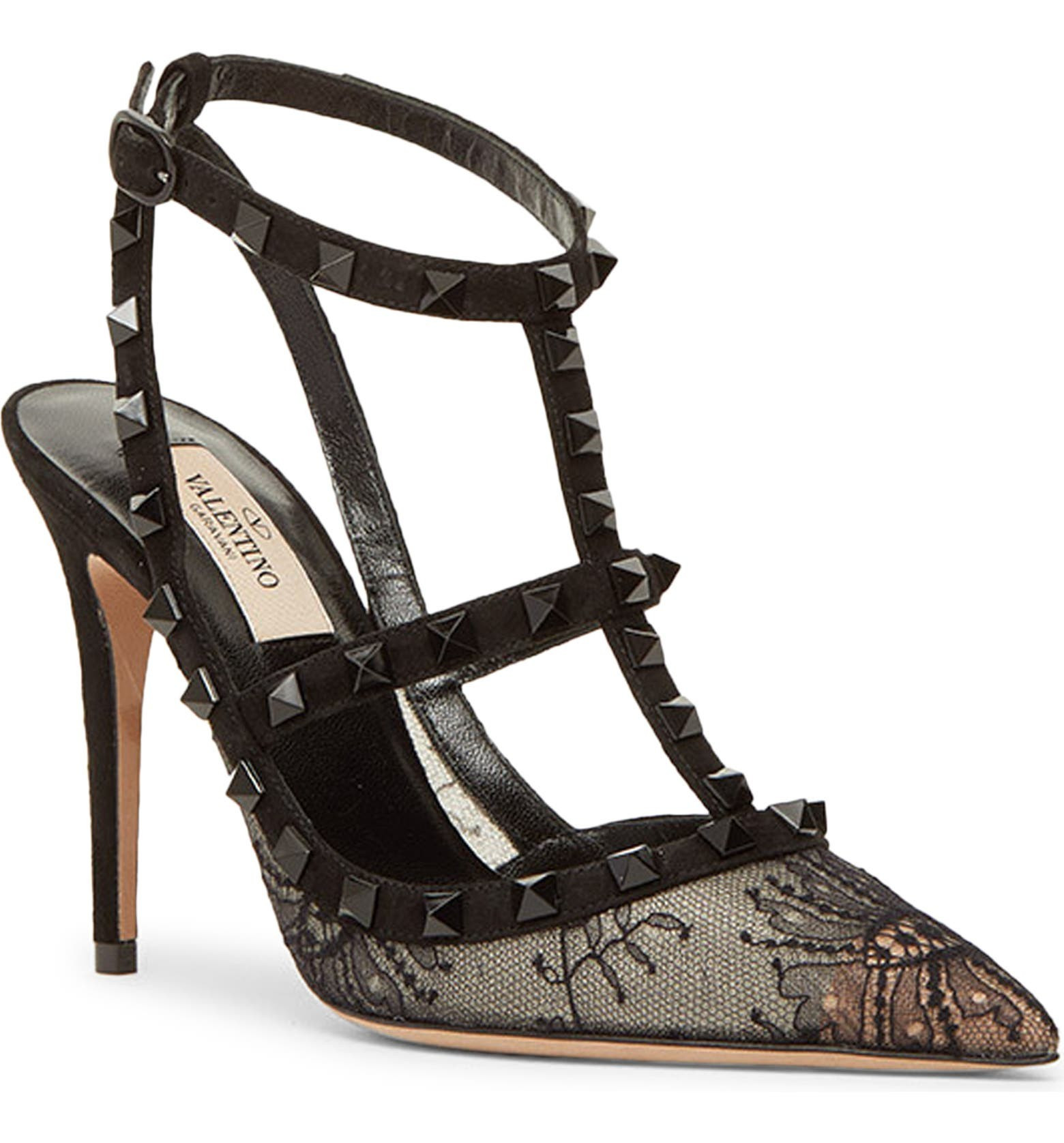 Valentino Garavani Rockstud Lace T-Strap Pointed Toe Pump (Women) | Nordstrom | Nordstrom