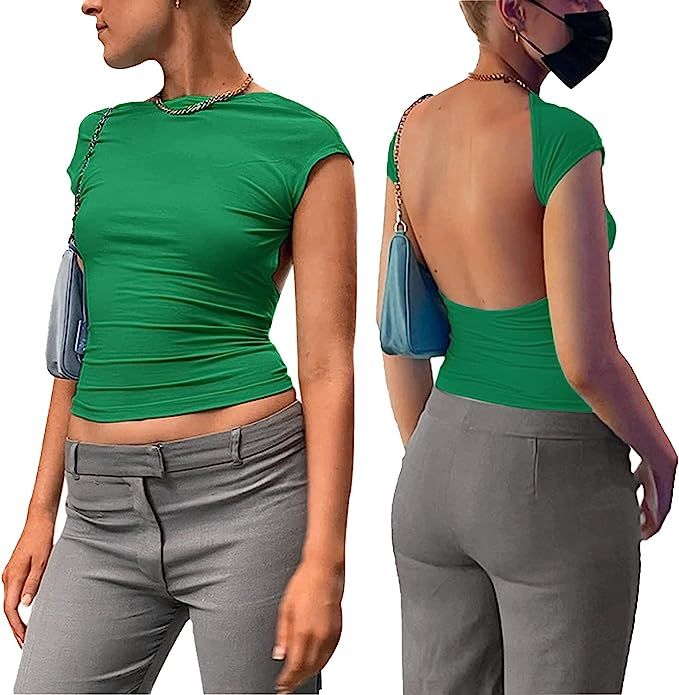 ForeFair Women Sexy Backless Short Sleeve Slim Fit Crewneck Summer Casual Y2K Crop Tee | Amazon (US)