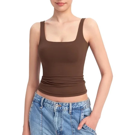 PUMIEY Women s Square Neck Tank Top Sleeveless Double Lined Basic Tops Sharp Collection | Walmart (US)