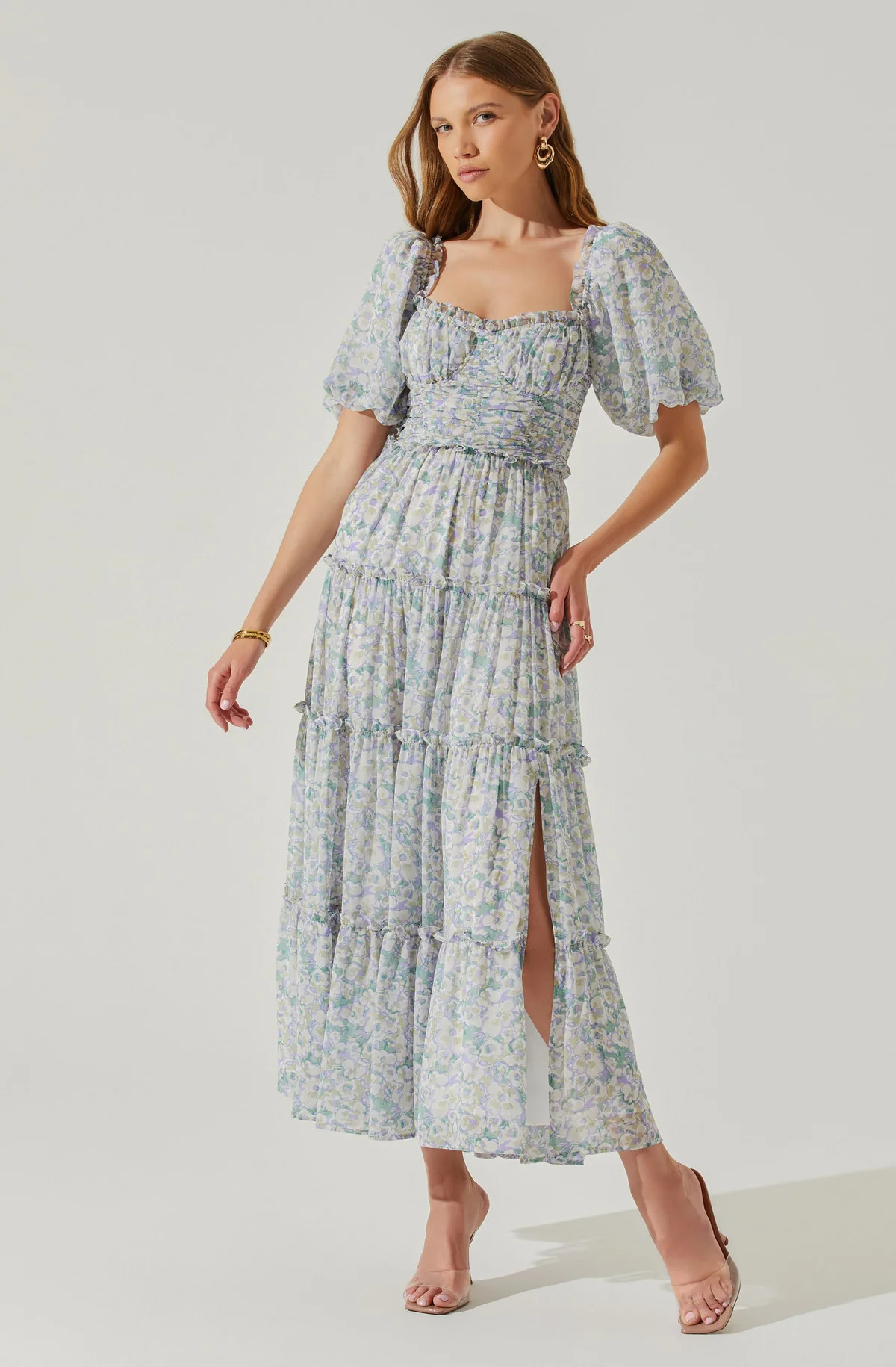 Prina Floral Puff Sleeve Tiered Midi Dress | ASTR The Label (US)